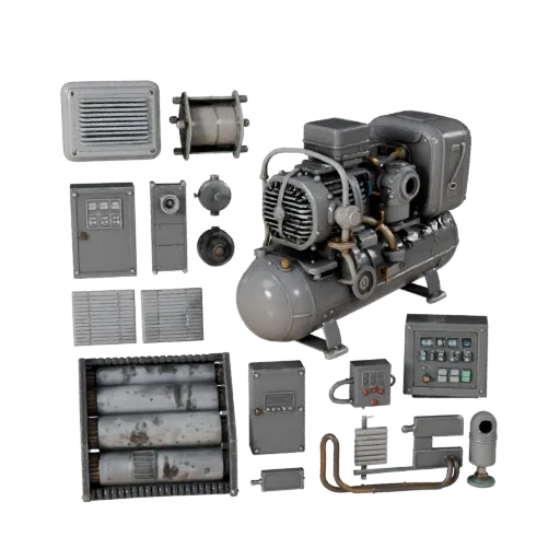 Air Compressor High Poly 3D model, close-up studio render, showing painted steel, machine stations.
