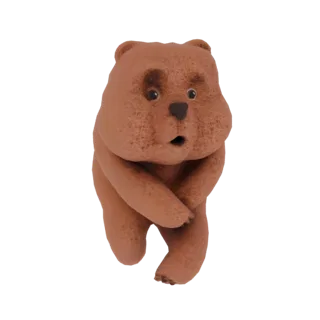 Ein 3D-Render einer Braunbär-Figur mit überraschtem Ausdruck, die Arme eng am Körper, vor weißem Hintergrund.