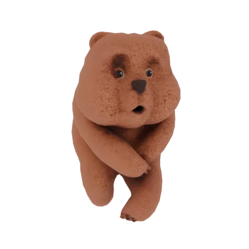 Un rendering 3D di una statuetta di orso bruno con espressione sorpresa, braccia tenute vicino al petto, su sfondo bianco.