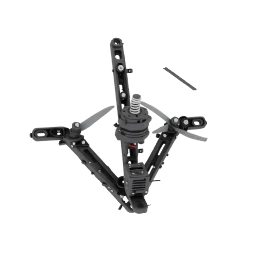 3D model of X-type frame for FPV drone with installed 3-blade propellers, top view
