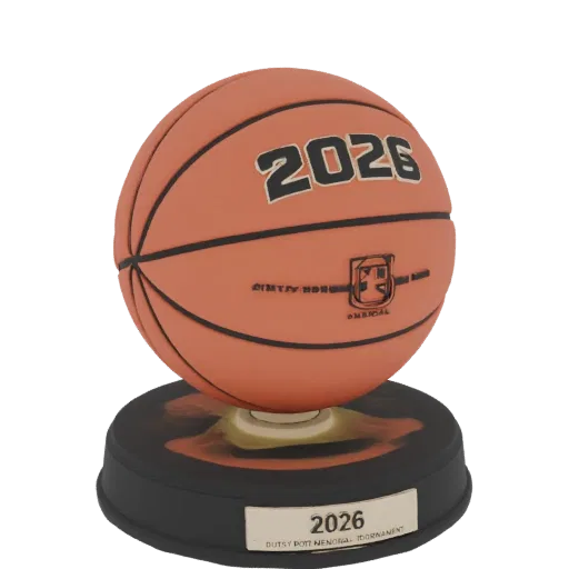3D model of a basketball cup with 2026 inscription and tournament logo on a stand