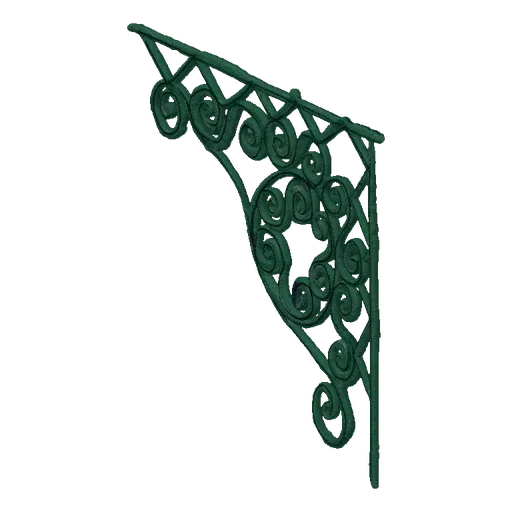 A 3D render of an ornate green scroll bracket with intricate scrollwork and triangular supports, set against a textured grey