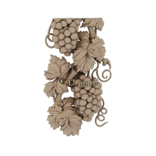 3D model of an ornate carving featuring a grapevine with clusters of grapes, detailed leaves, and embossed text.