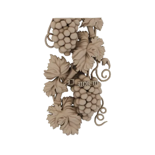 3D model of an ornate carving featuring a grapevine with clusters of grapes, detailed leaves, and embossed text.