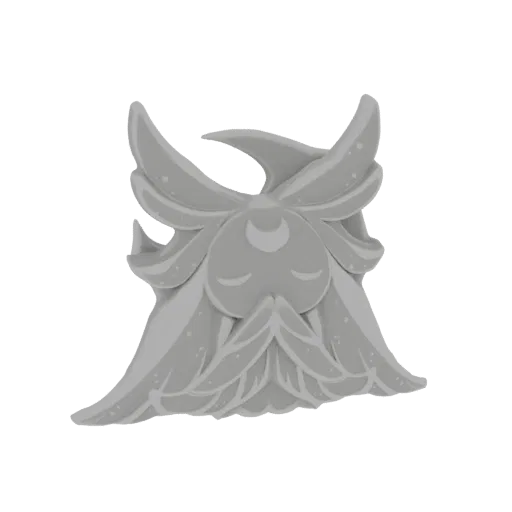 3D model of a mythical creature's head with ornate, flowing details and a serene face with a crescent moon emblem.