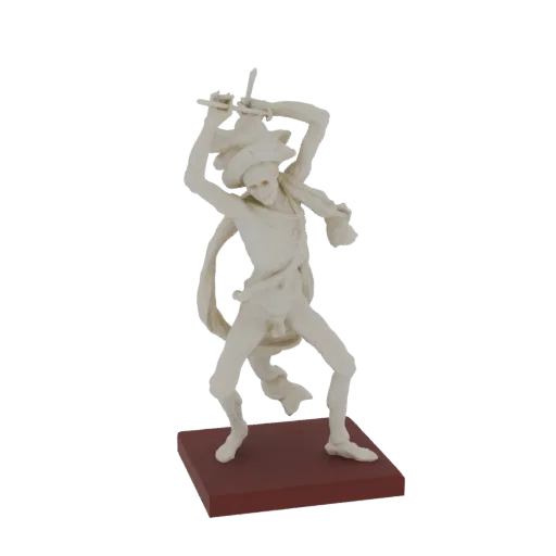 Modello 3D di un guerriero scheletrico bianco in posa danzante dinamica, con due spade e una sciarpa svolazzante, su una base rossa.
