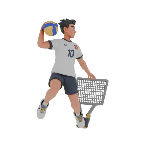 3D model of a volleyball player in jump with ball and racket, in sports uniform, cartoon style.