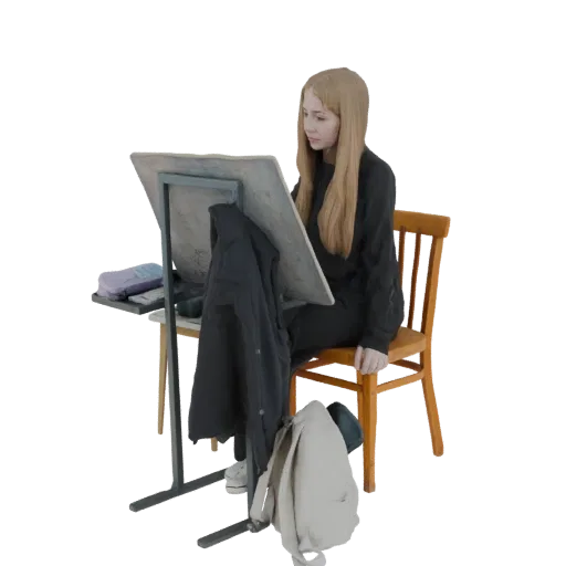 3D model of a young blonde girl sitting at an easel, sketching, with a coat and backpack.