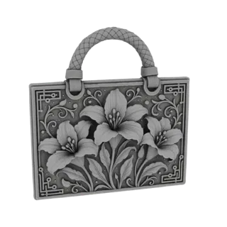 Modelo 3D de uma bolsa retangular cinza e ornamentada com um detalhado relevo floral de orquídea na frente e uma alça trançad
