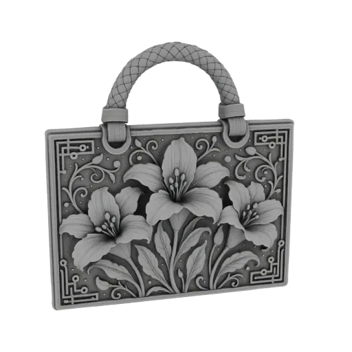 Modello 3D di una borsa rettangolare grigia e ornata con un dettagliato rilievo floreale di orchidea sul davanti e un manico