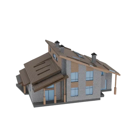 3D model of a modern mountain chalet with stone and wood exterior, large windows, and a multi-level roof, set against a white background.