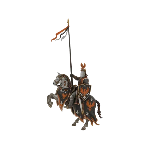 3D model of a knight in black and orange armor, mounted on a white horse with a banner, against a black background.