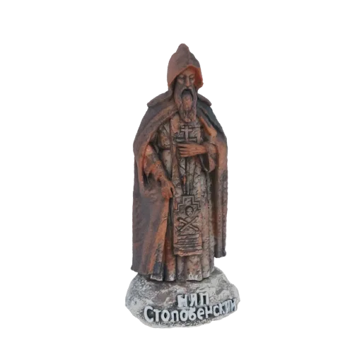3D model of a statue of Saint Sergius of Radonezh, a bearded monk in a hooded robe, standing on a stone base with Cyrillic in