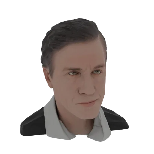 Render 3D de un busto de hombre realista con cabello oscuro y cuello de camisa de color claro, visto de lado.