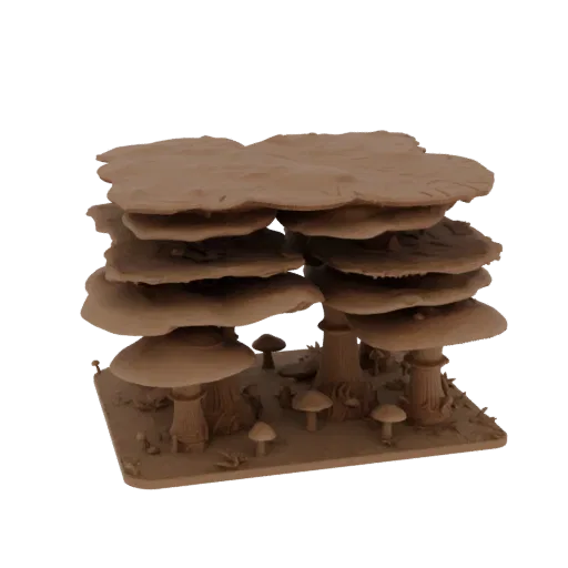 Modèle 3D imprimable de biomes de champignons aliens, rendu STL isométrique de table, montrant les couches de terrain, le dét