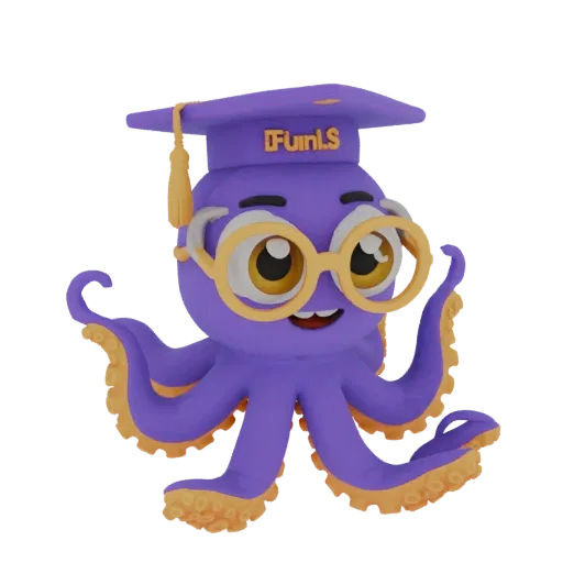 3D model of a cute, purple octopus wearing a graduation cap and yellow glasses, with a black background.