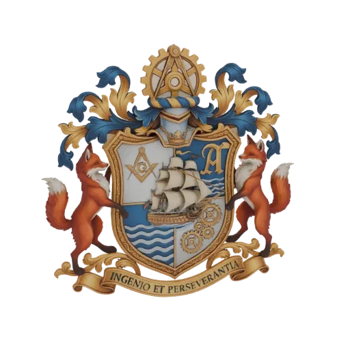 3D model of the Ingenio Et Perseverantia coat of arms with foxes, a sailing ship, gears, and Masonic symbols.
