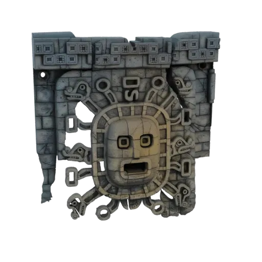 3D model of an ancient stone wall relief featuring a stylized sun god mask with intricate carvings and weathered textures.