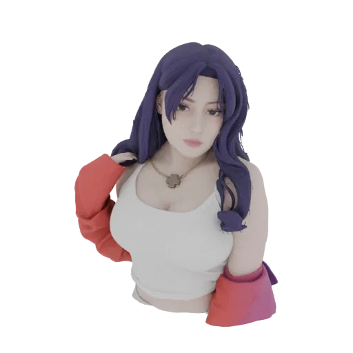 3D model render of an anime-inspired woman bust with long purple hair, wearing a white tank top and red sleeves, with a cross