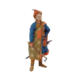 3D model of a historical Hussar warrior wearing a feathered cap, blue tunic, and patterned sash, holding an axe and sword.