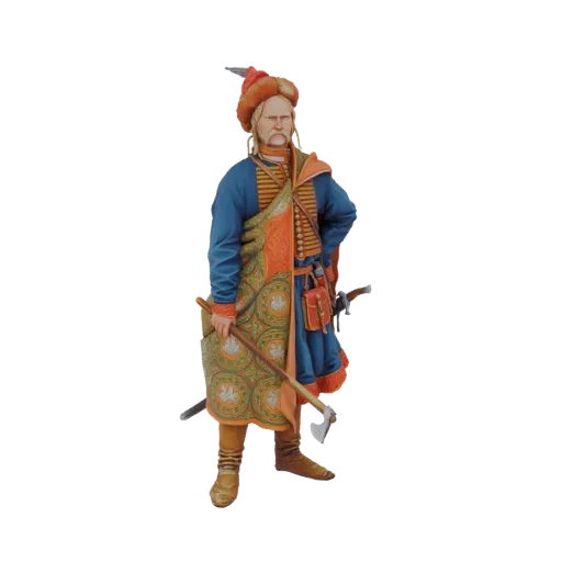 3D model of a historical Hussar warrior wearing a feathered cap, blue tunic, and patterned sash, holding an axe and sword.