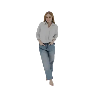 3D model of a young woman with auburn hair, wearing a light blue shirt and blue jeans, standing with hands in pockets.