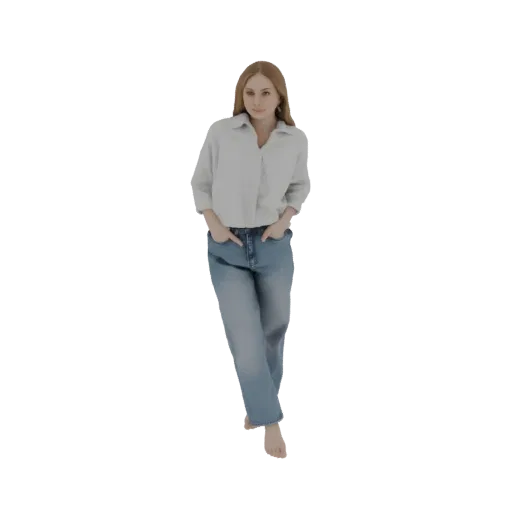 3D model of a young woman with auburn hair, wearing a light blue shirt and blue jeans, standing with hands in pockets.
