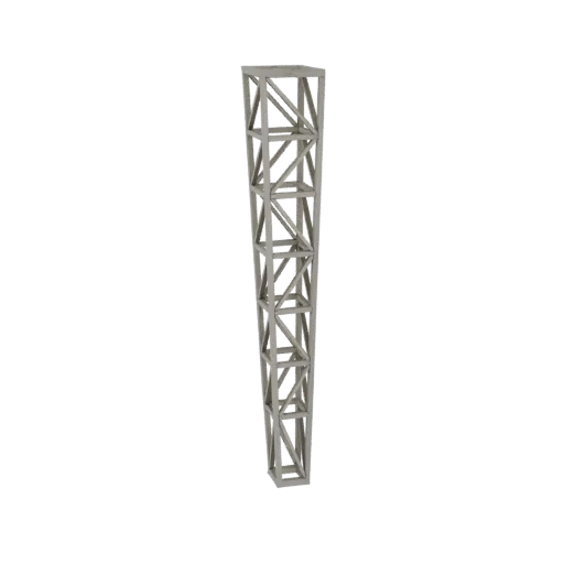 Uma renderização 3D de uma torre treliçada cônica com base quadrada que se estreita para cima, feita de vigas geométricas cin