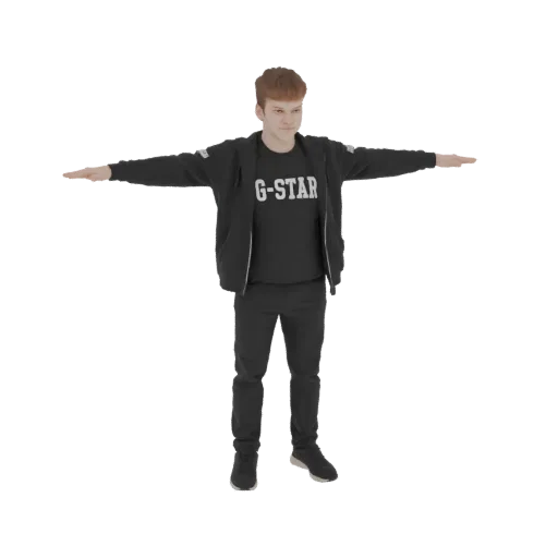 3D model of a young man with short brown hair wearing a black G-Star jacket and pants, standing in a T-pose.
