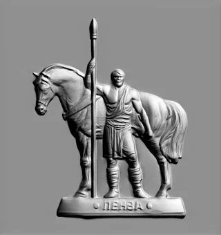 Modello 3D di bassorilievo di cavaliere con lancia e cavallo, con iscrizione Penza alla base
