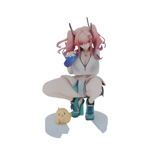 3D model of an anime girl with pink twin-tail hair, red eyes, wearing a white sports top and skirt, crouching with a blue bot