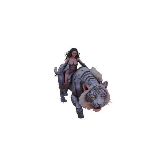 3D model of a warrior woman in silver armor riding a white tiger with glowing yellow eyes.