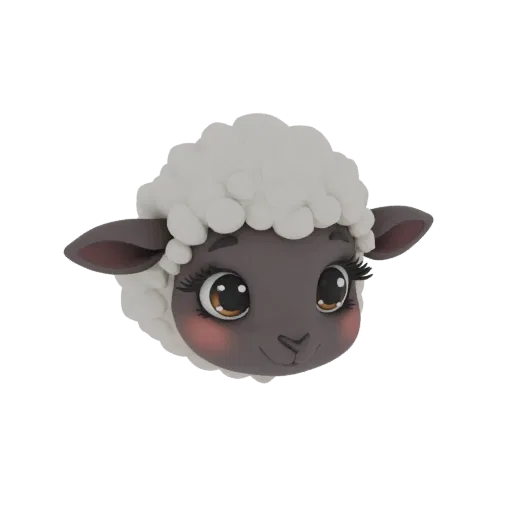A 3D render of a cute cartoon sheep head with fluffy white wool, large brown eyes, and rosy cheeks, against a white backgroun