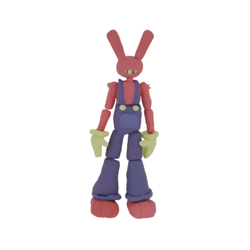 A 3D render of a pink rabbit character with large ears and blue overalls, designed in a claymation style.