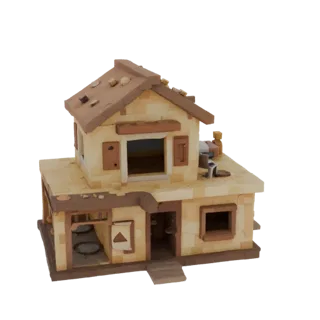 Modelo 3D de casa de deserto de dois andares estilo Roblox com porta aberta e janelas, em fundo branco.