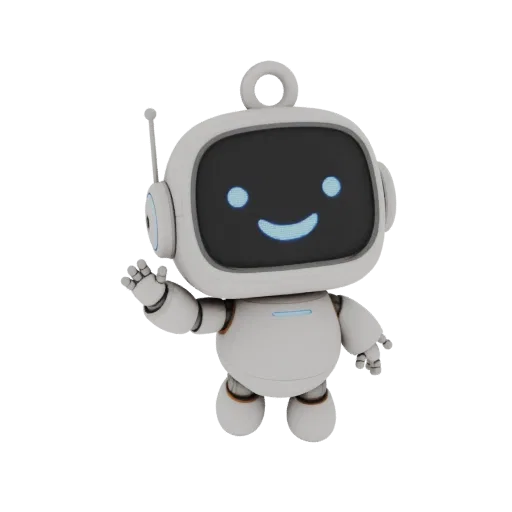 A cute, white 3D robot model with a screen face displaying a smile, waving its hand in a friendly gesture.