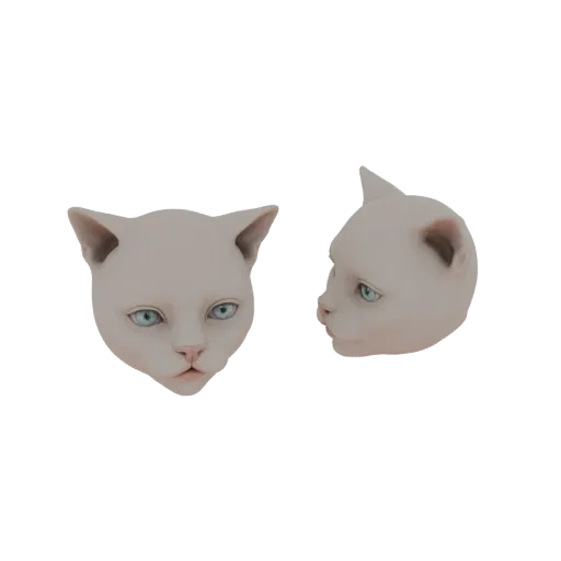 Ein 3D-Modell eines stilisierten Katzenkopfes, von vorne und von der Seite gezeigt, mit großen blauen Augen und einem blassen