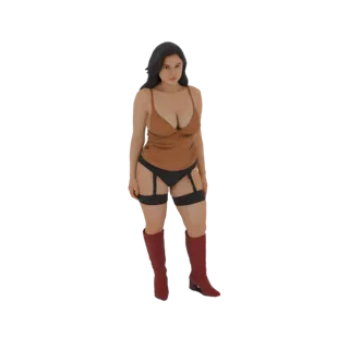 3D model of a woman wearing a brown camisole, black garter belt, and red thigh-high boots, standing confidently.