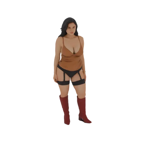 Modèle 3D d'une femme portant un caraco marron, un porte-jarretelles noir et des bottes rouges montantes, debout avec assuran