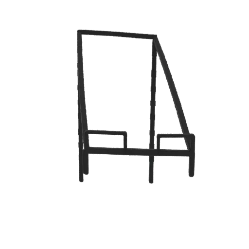 A 3D model render of a modern, dark metal swing set with two seats, set against a black background.