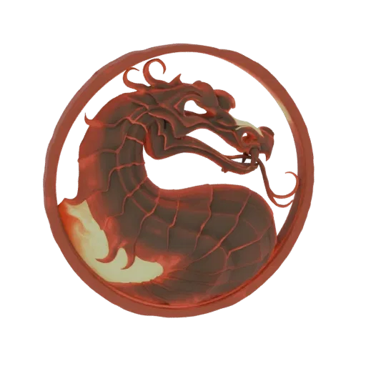 3D model of the iconic Mortal Kombat dragon logo, featuring a red and gold dragon head within a circular emblem.