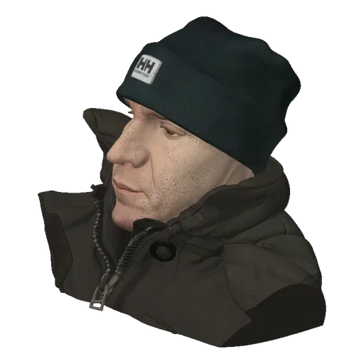 3D model of a man wearing a dark winter jacket and a dark beanie with a white HH logo.