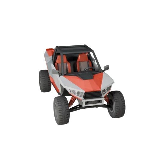 Modello 3D Low Poly Desert Rally Buggy, vista di gioco a tre quarti, asset veicolare low-poly con silhouette costruita apposi