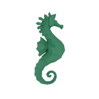 A green, low-poly 3D model of a seahorse against a black background, showcasing its geometric facets and curled tail.