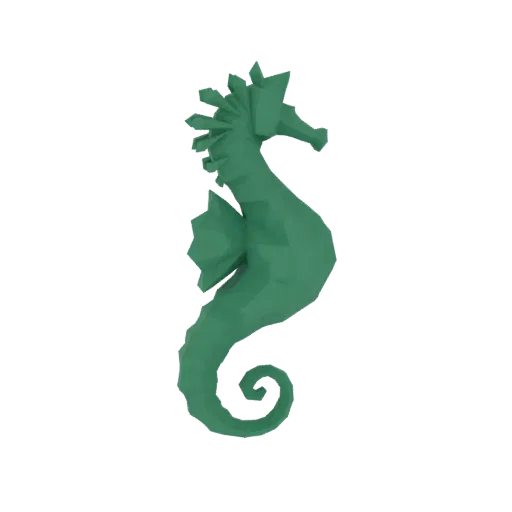 A green, low-poly 3D model of a seahorse against a black background, showcasing its geometric facets and curled tail.