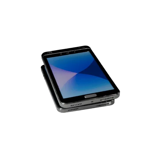 Compact Tablet Phone 3D model, three-quarter front view, Unity viewport, showing glass screens, thin device proportions.