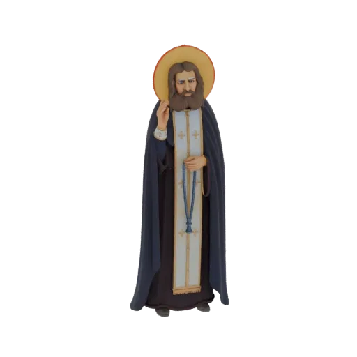 3D model of an Orthodox monk wearing traditional robes and a halo, holding blue prayer beads.