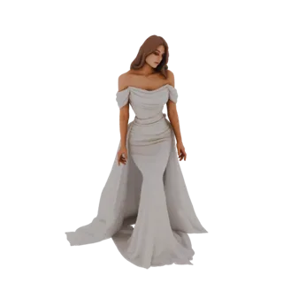 Modelo 3D de una mujer con un vestido blanco de hombros descubiertos, corpiño ajustado y cola larga y fluida, posando elegant