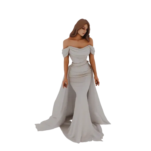 Modèle 3D d'une femme portant une robe blanche à épaules dénudées avec un corsage ajusté et une longue traîne fluide, posant
