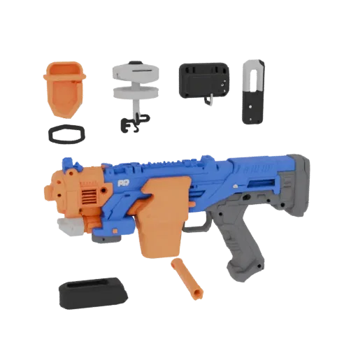 3D model of Nerf Rotofury Blaster with accessories, including the main blaster, orange and gray parts, and additional element
